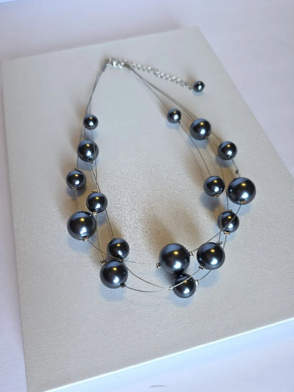 Gray Floating Faux Pearl Necklace Silver Tone Multi Strand 16-19